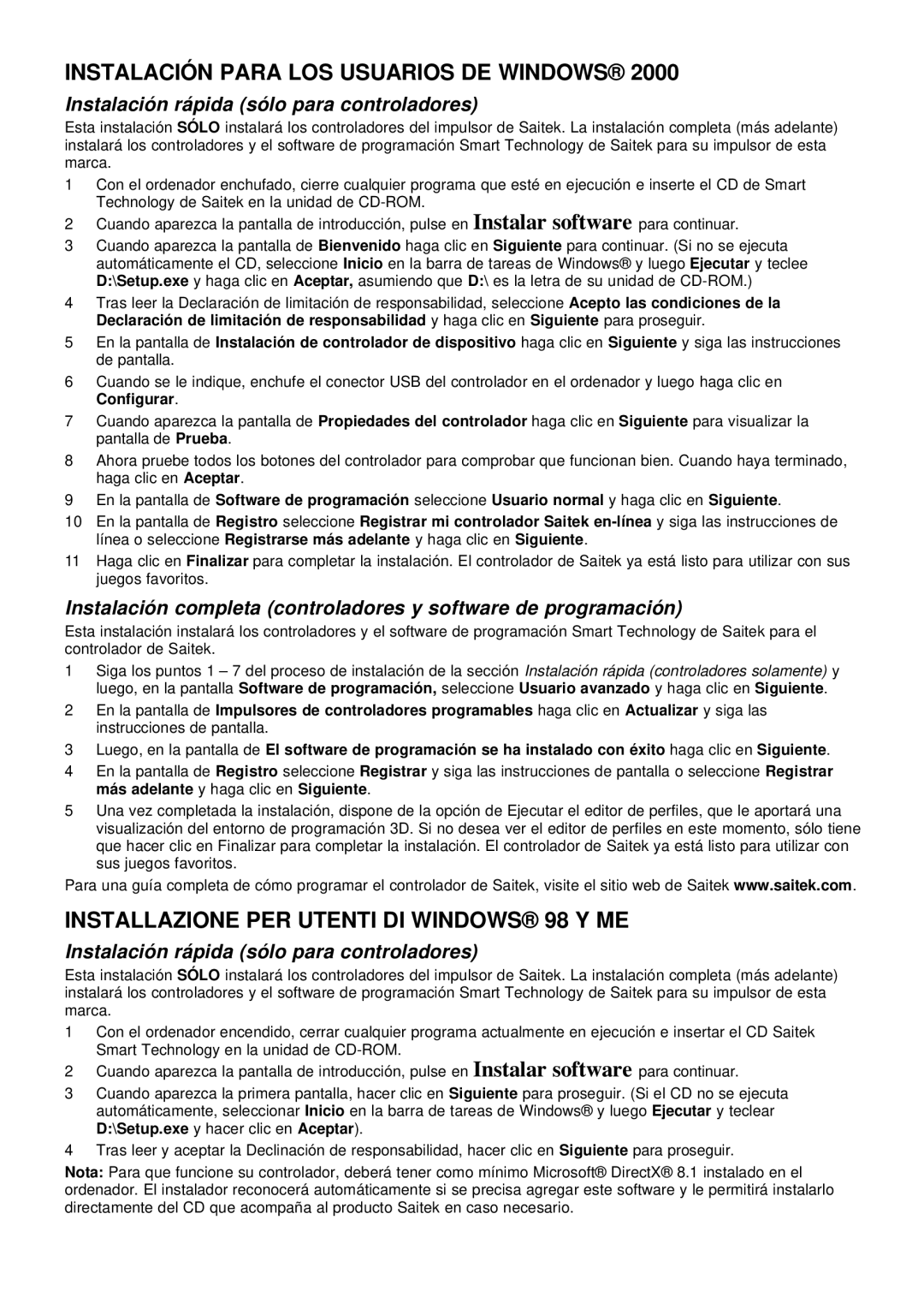 Saitek evo user manual Instalación Para LOS Usuarios DE Windows, Installazione PER Utenti DI Windows 98 Y ME 