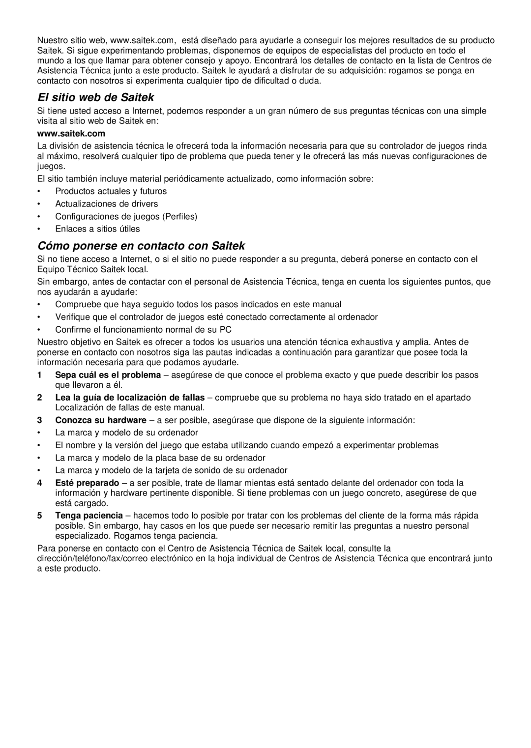 Saitek evo user manual El sitio web de Saitek, Cómo ponerse en contacto con Saitek 