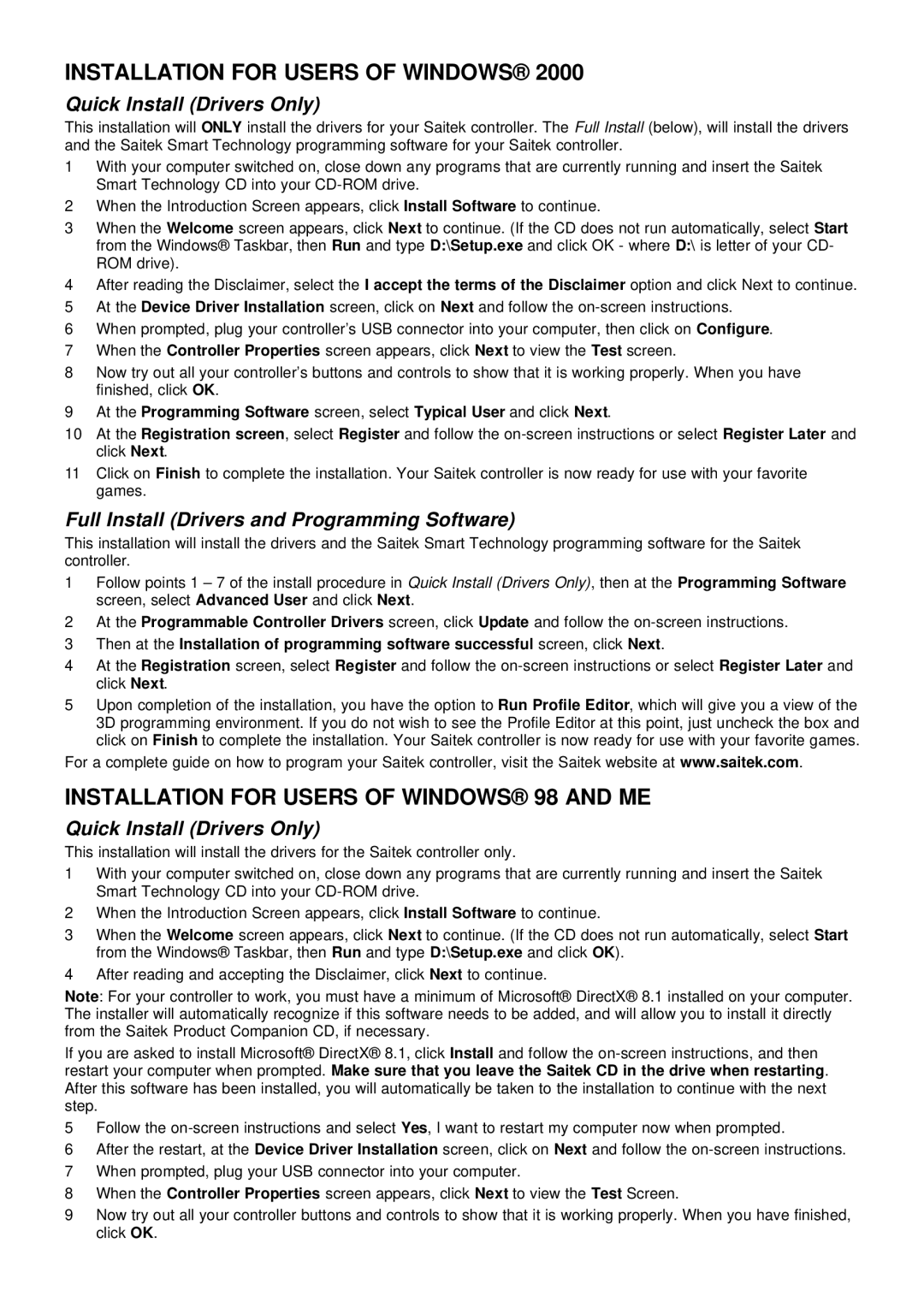 Saitek evo user manual Installation for Users of Windows 98 and ME 