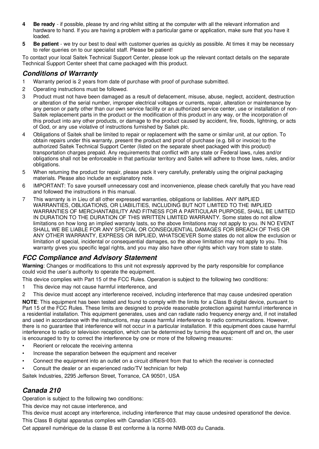 Saitek evo user manual Conditions of Warranty, FCC Compliance and Advisory Statement, Canada 