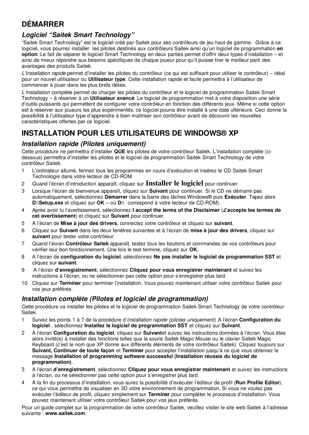 Saitek evo user manual Démarrer, Installation Pour LES Utilisateurs DE Windows XP, Logiciel Saitek Smart Technology 