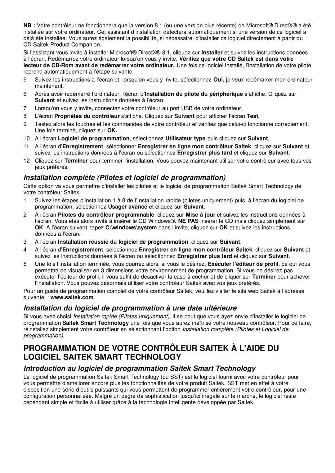 Saitek evo user manual Installation complète Pilotes et logiciel de programmation 