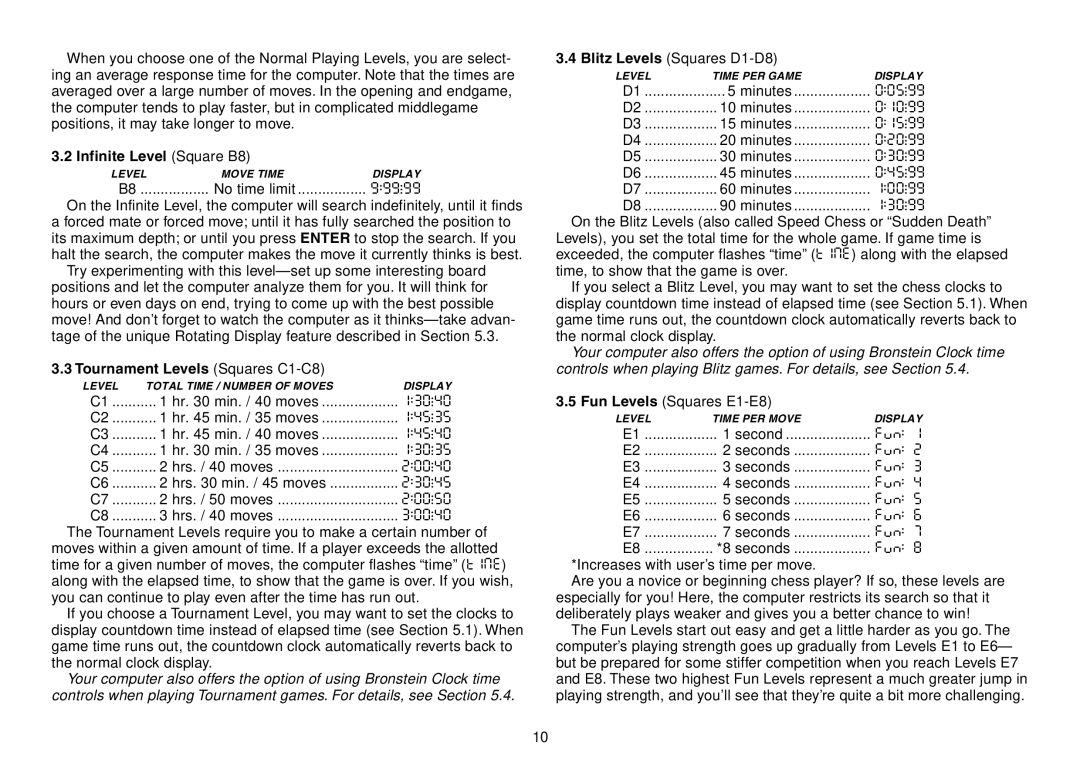 Saitek Expert Travel Chess manual Infinite Level Square B8, No time limit 99999, Tournament Levels Squares C1-C8 