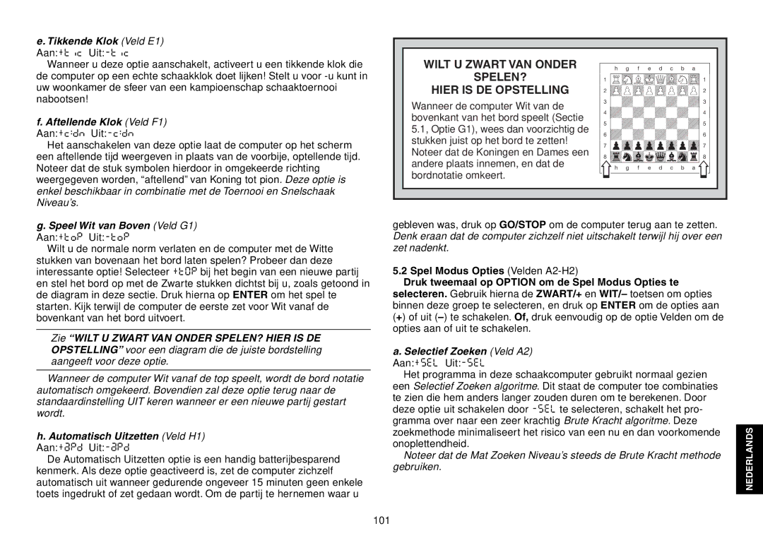 Saitek Expert Travel Chess manual Tikkende Klok Veld E1 Aan+tic Uit-tic, Aftellende Klok Veld F1 Aan+cdn Uit-cdn 