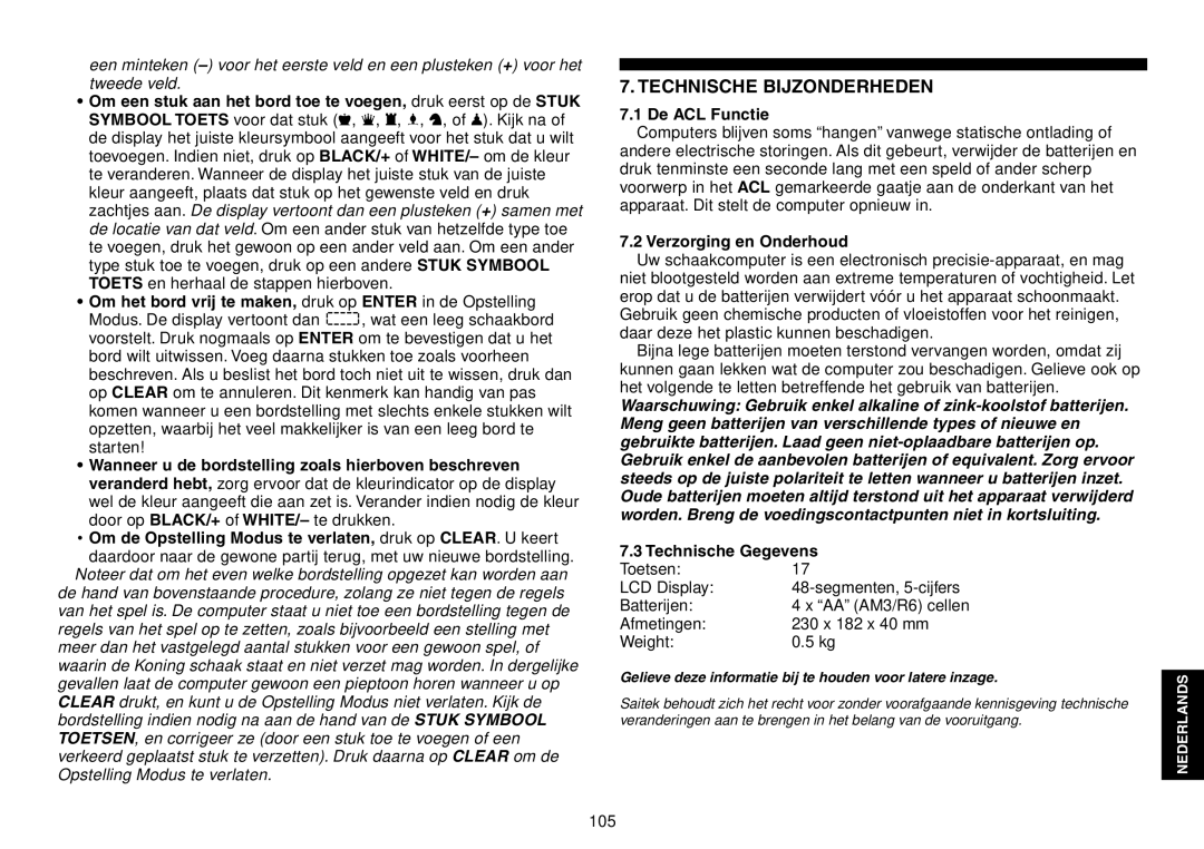 Saitek Expert Travel Chess manual Technische Bijzonderheden, De ACL Functie, Verzorging en Onderhoud, Technische Gegevens 