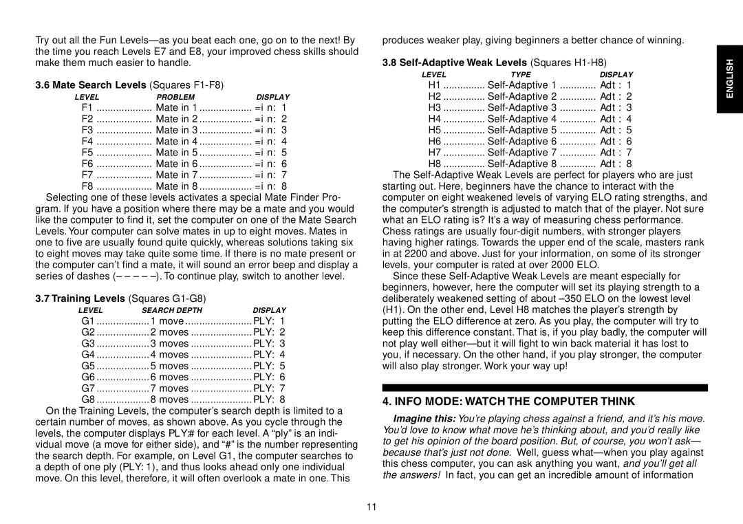 Saitek Expert Travel Chess manual Info Mode Watch the Computer Think, Mate Search Levels Squares F1-F8 