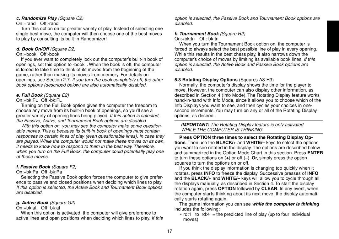 Saitek Expert Travel Chess manual Randomize Play Square C2 On+rand Off-rand, Book On/Off Square D2 On+book Off-book 