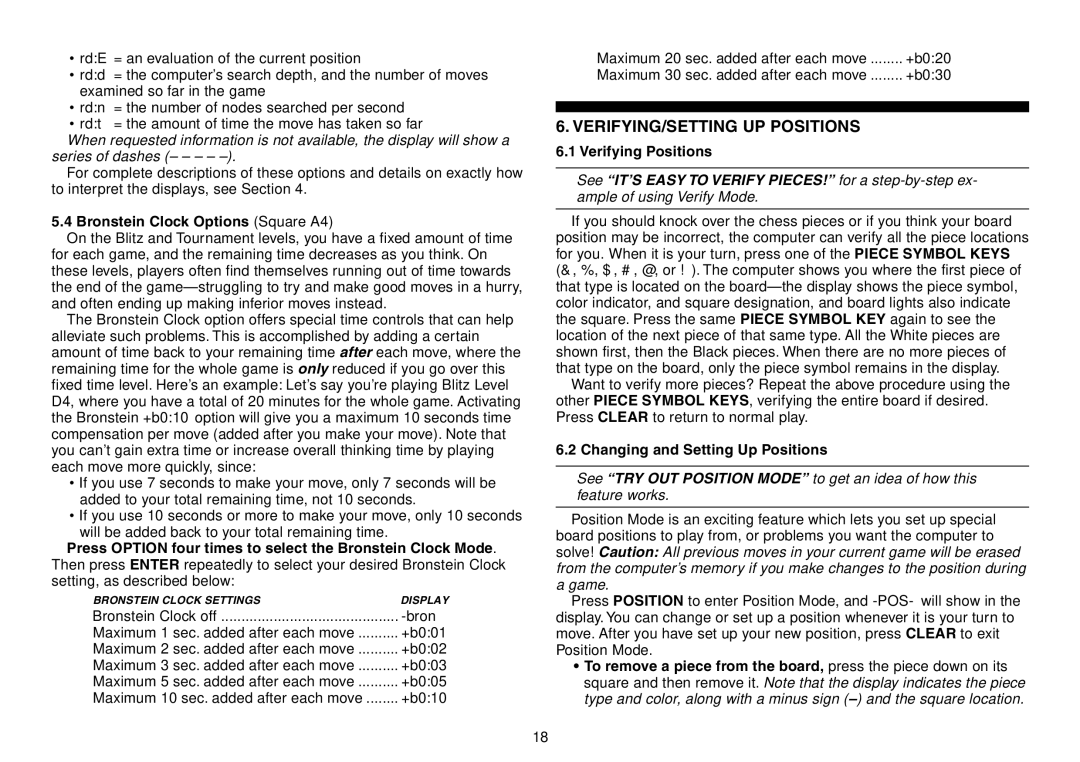 Saitek Expert Travel Chess manual VERIFYING/SETTING UP Positions, Bronstein Clock Options Square A4, Verifying Positions 