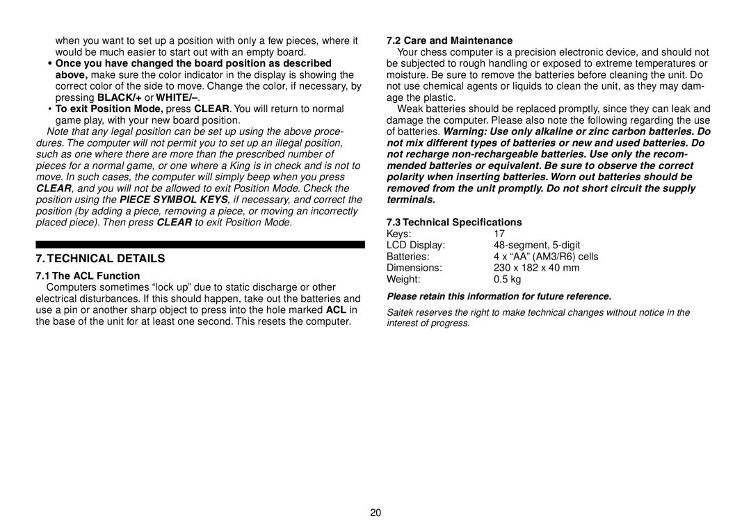 Saitek Expert Travel Chess manual Technical Details, ACL Function, Care and Maintenance, Technical Specifications 