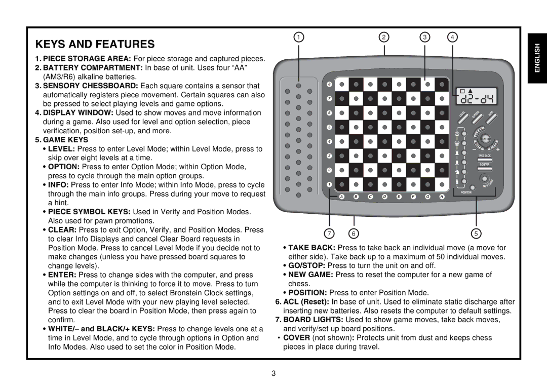 Saitek Expert Travel Chess manual Keys and Features 