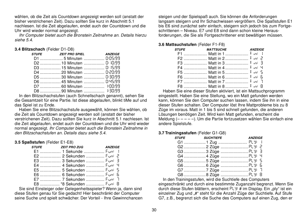 Saitek Expert Travel Chess manual Mattsuchstufen Felder F1-F8, Trainingsstufen Felder G1-G8 