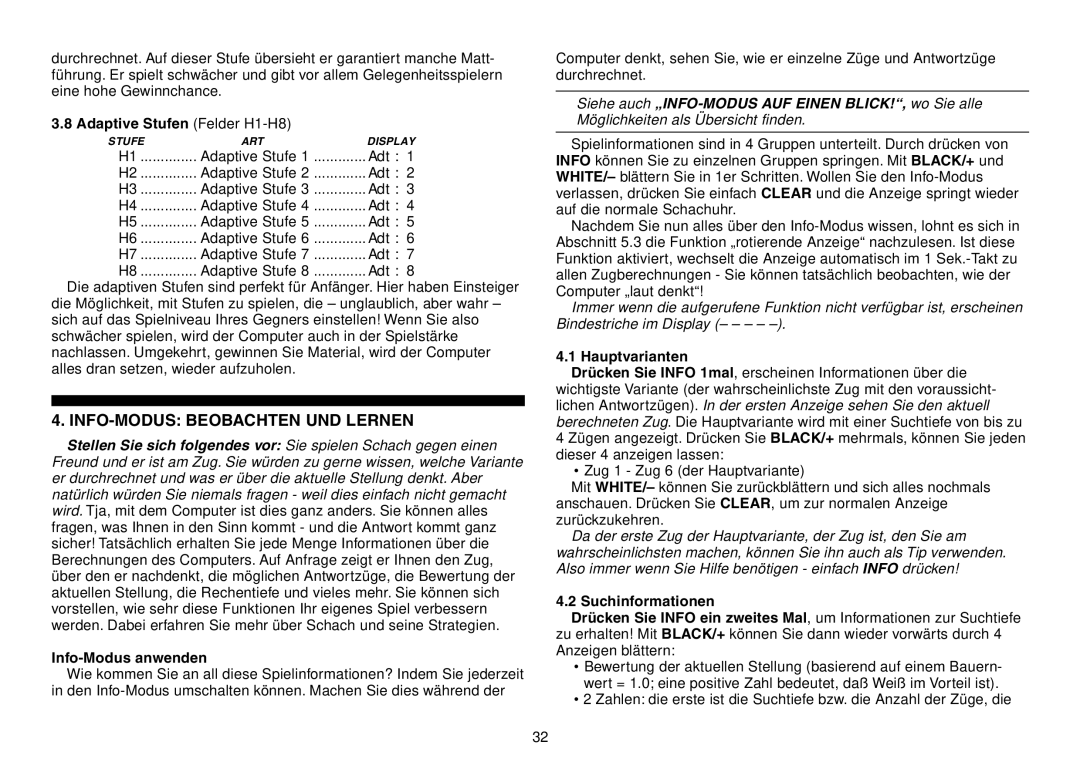 Saitek Expert Travel Chess manual INFO-MODUS Beobachten UND Lernen, Adaptive Stufen Felder H1-H8, Info-Modus anwenden 