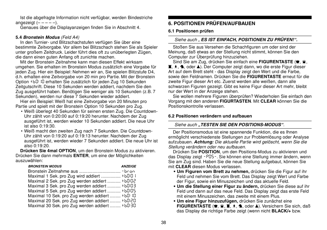 Saitek Expert Travel Chess manual Positionen PR†FEN/AUFBAUEN, Bronstein Modus Feld A4 