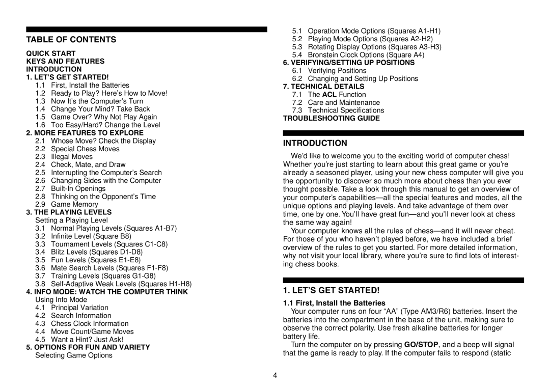 Saitek Expert Travel Chess manual Table of Contents, Introduction, Letõs GET Started 