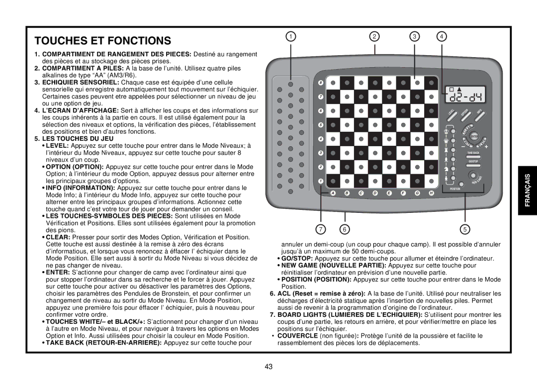 Saitek Expert Travel Chess manual Touches ET Fonctions 