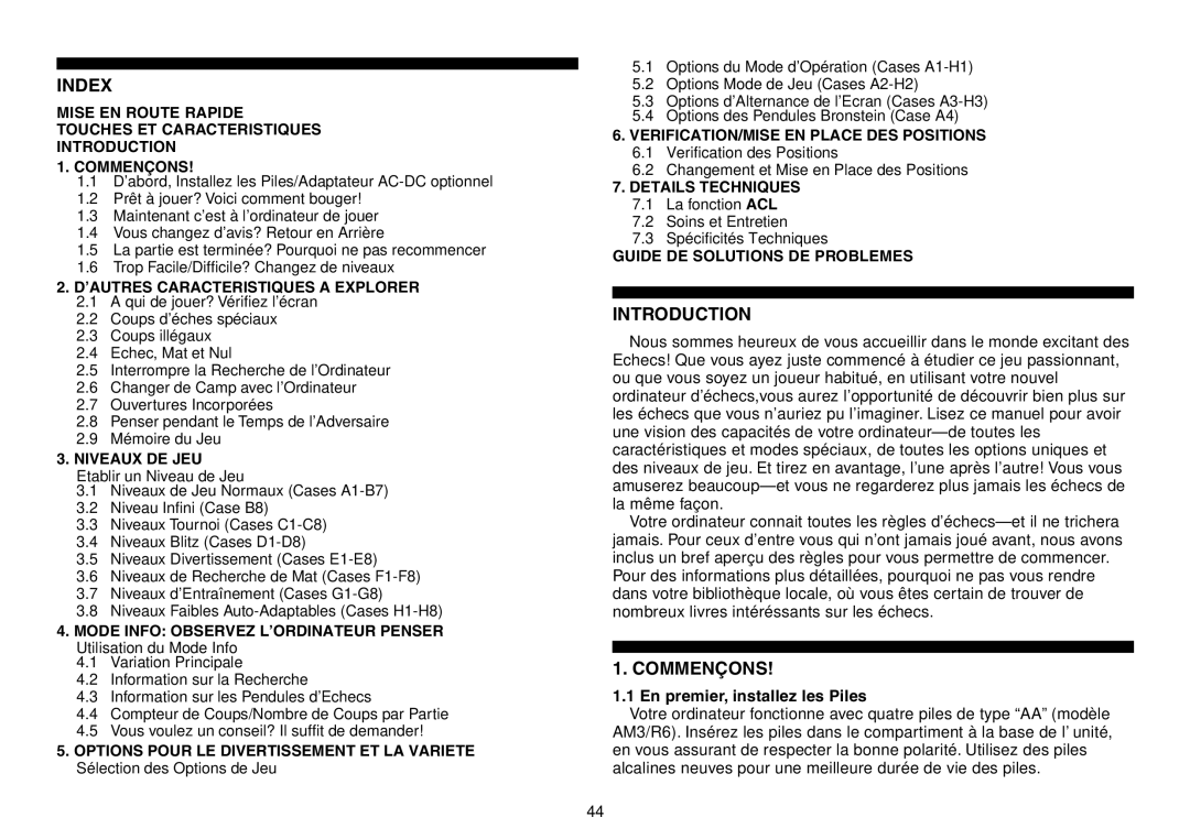 Saitek Expert Travel Chess manual Index, Commen‚Ons, En premier, installez les Piles 