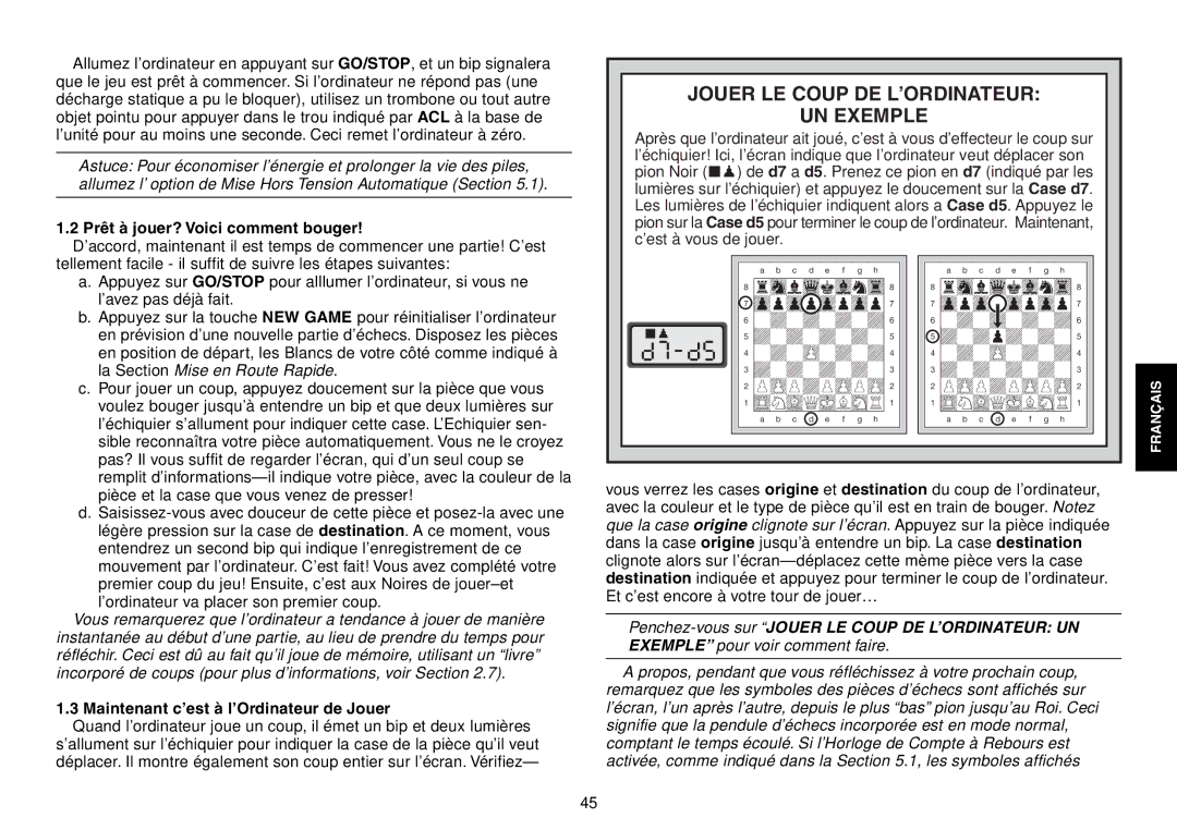 Saitek Expert Travel Chess manual Jouer LE Coup DE Lõordinateur UN Exemple, Prt ˆ jouer? Voici comment bouger 