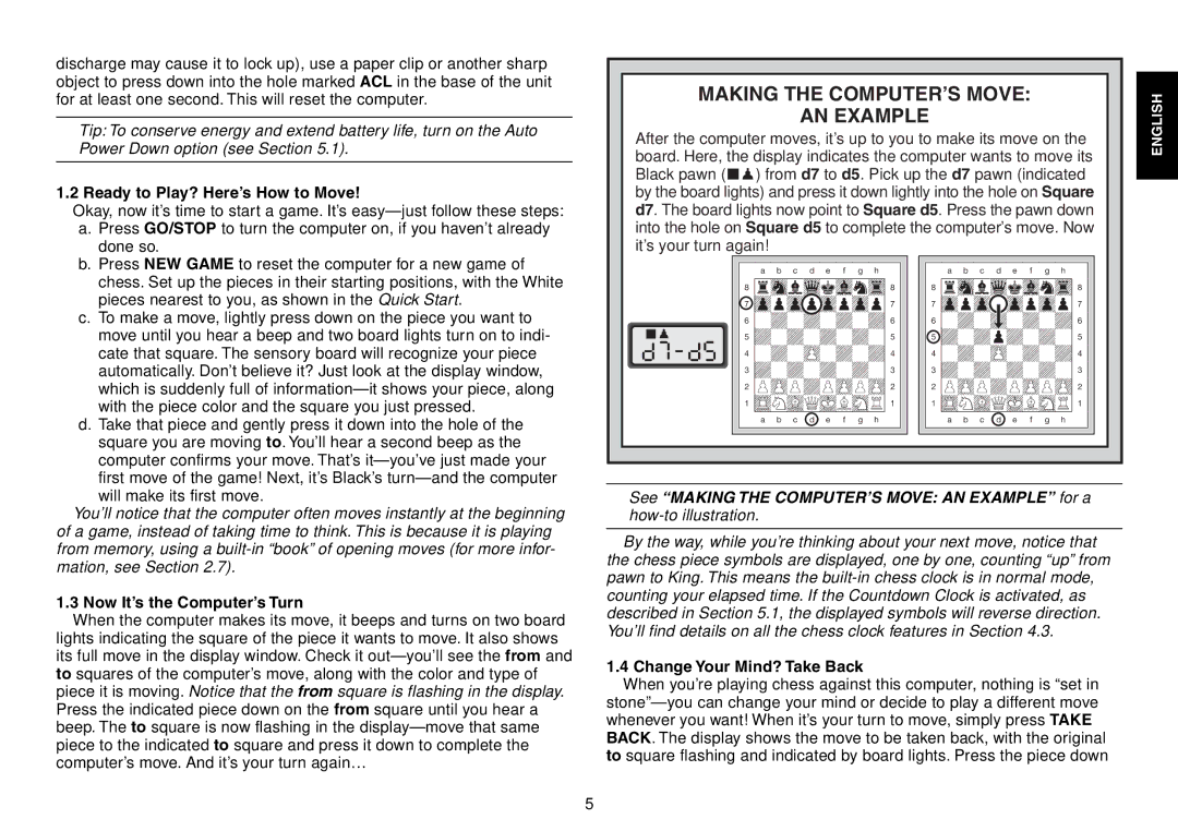 Saitek Expert Travel Chess manual Making the Computerõs Move, AN Example, Ready to Play? HereÕs How to Move 