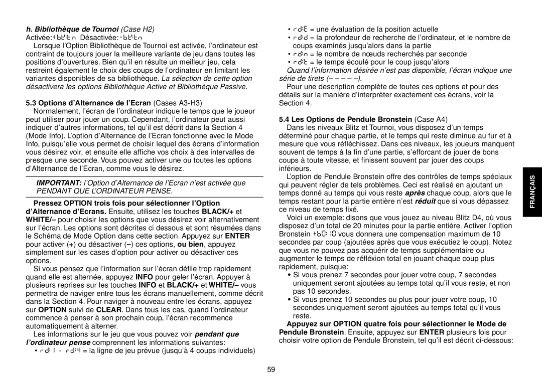 Saitek Expert Travel Chess manual Options dÕAlternance de lÕEcran Cases A3-H3, Les Options de Pendule Bronstein Case A4 