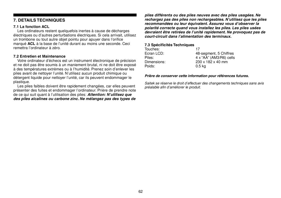 Saitek Expert Travel Chess manual Details Techniques, La fonction ACL, Entretien et Maintenance, SpŽcificitŽs Techniques 