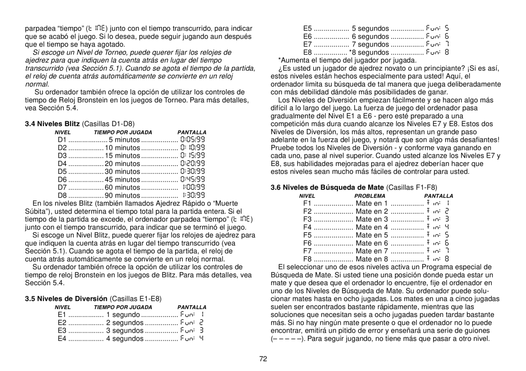 Saitek Expert Travel Chess manual Niveles de Diversi-n Casillas E1-E8, Niveles de Bœsqueda de Mate Casillas F1-F8 