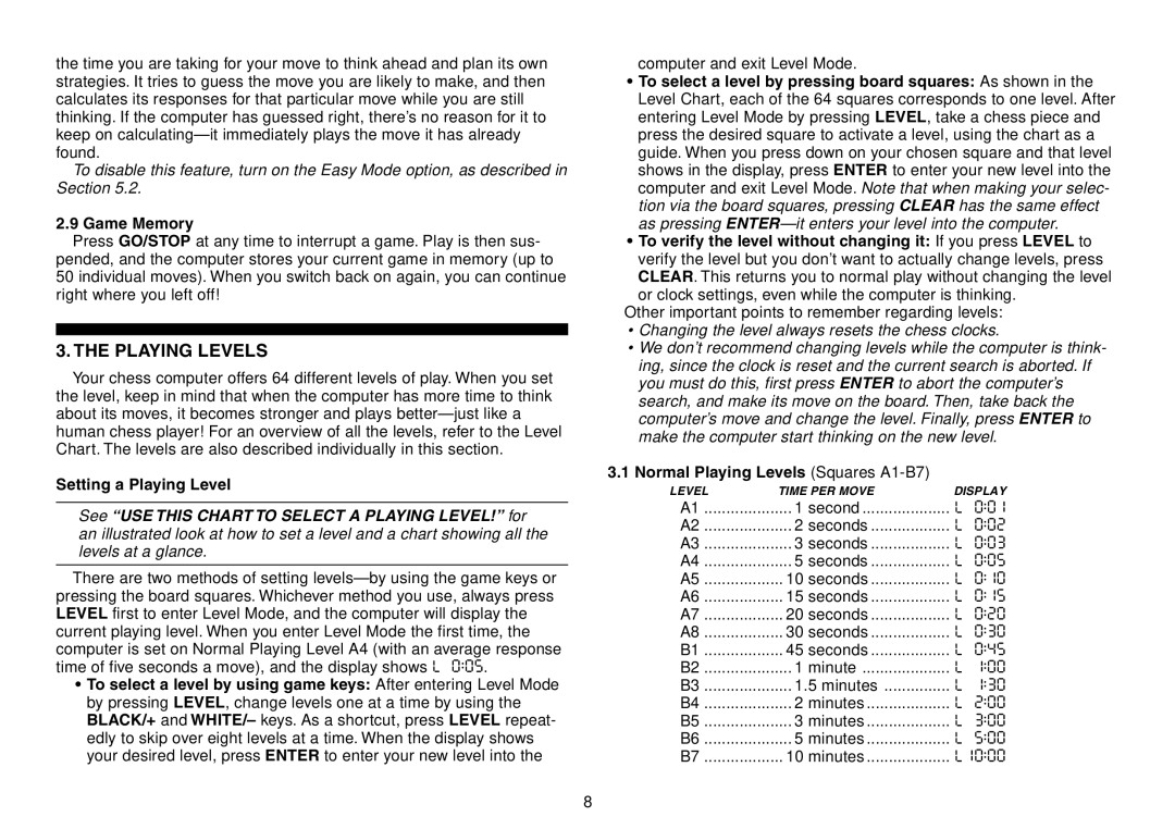 Saitek Expert Travel Chess manual Game Memory, Setting a Playing Level, Normal Playing Levels Squares A1-B7 