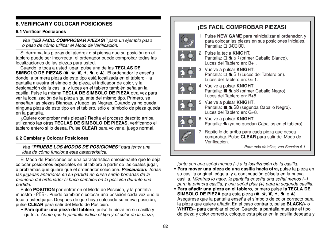 Saitek Expert Travel Chess manual ÁES Facil Comprobar Piezas, Verificar Y Colocar Posiciones, Verificar Posiciones 