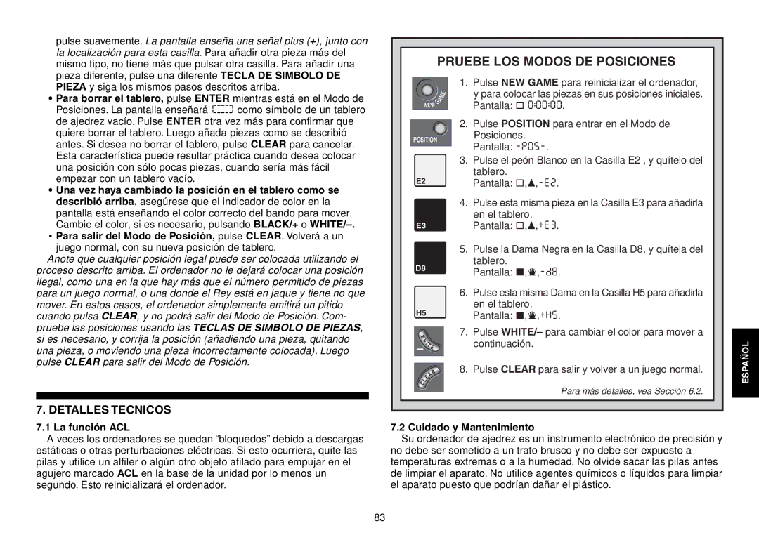 Saitek Expert Travel Chess Pruebe LOS Modos DE Posiciones, Detalles Tecnicos, La funci-n ACL, Cuidado y Mantenimiento 