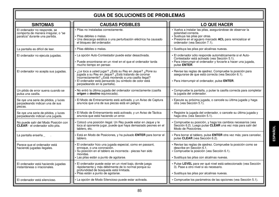 Saitek Expert Travel Chess manual Guia DE Soluciones DE Problemas, Sintomas Causas Posibles LO QUE Hacer 