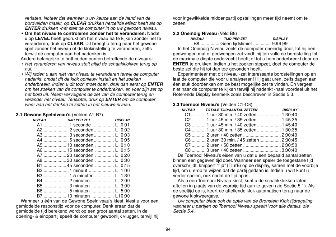 Saitek Expert Travel Chess manual Gewone SpelniveauÕs Velden A1-B7, Oneindig Niveau Veld B8, Geen tijdslimiet 99999 