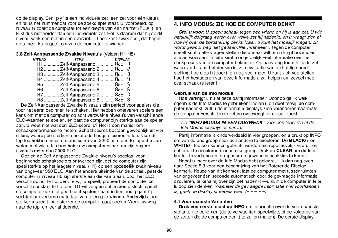 Saitek Expert Travel Chess manual Info Modus ZIE HOE DE Computer Denkt, Zelf-Aanpassende Zwakke NiveauÕs Velden H1-H8 