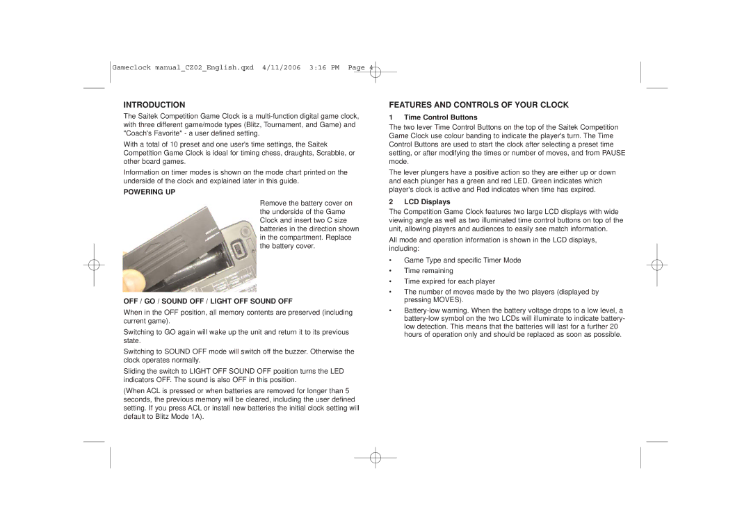 Saitek Game Clock user manual Introduction, Features and Controls of Your Clock, Time Control Buttons, LCD Displays 