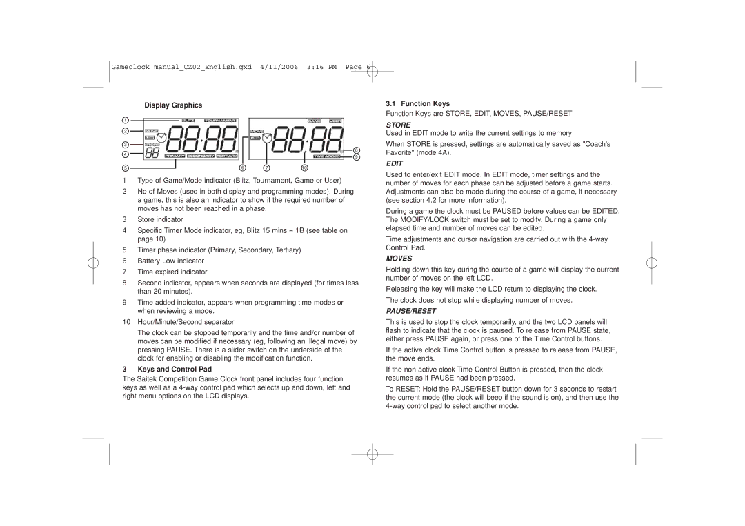 Saitek Game Clock user manual Display Graphics Function Keys, Keys and Control Pad 