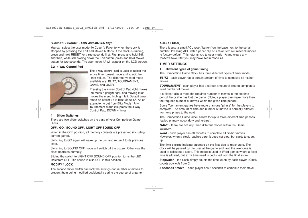 Saitek Game Clock Timer Settings, Way Control Pad, Slider Switches, ACL All Clear, Different types of game timing 