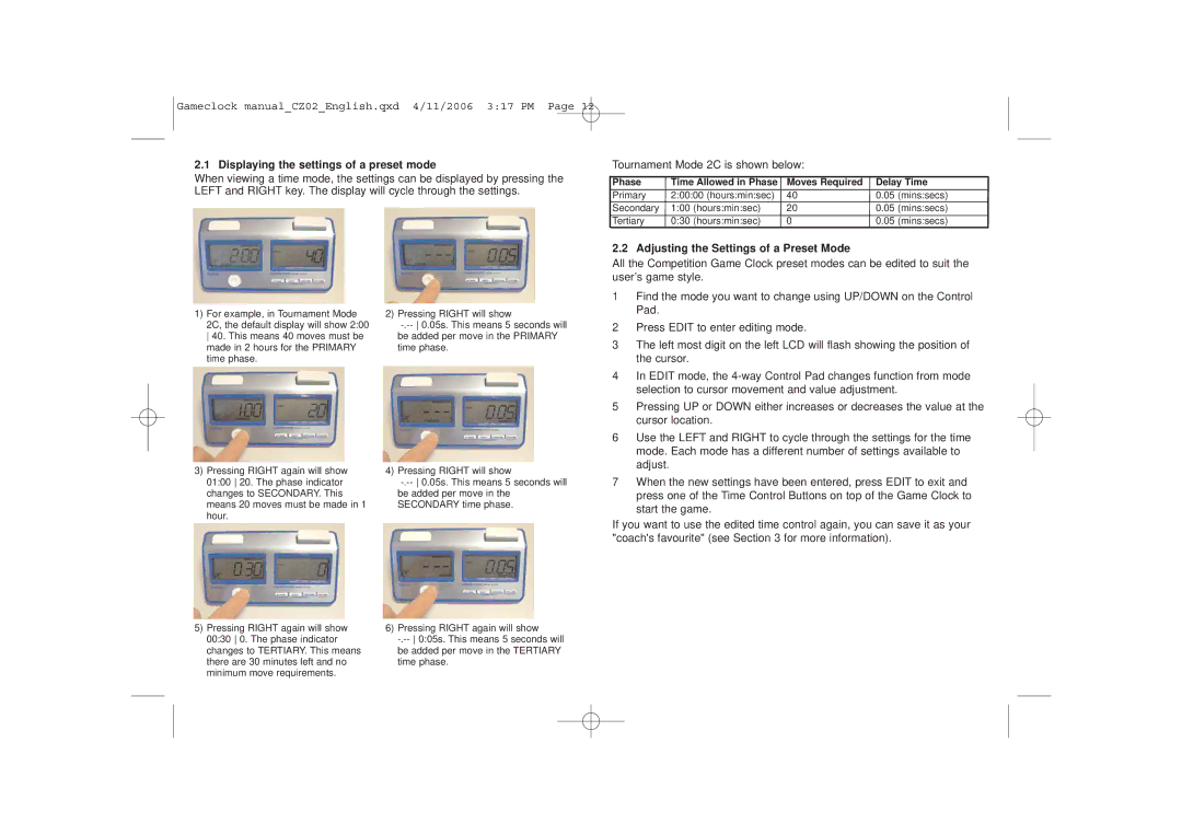 Saitek Game Clock user manual Displaying the settings of a preset mode, Adjusting the Settings of a Preset Mode 