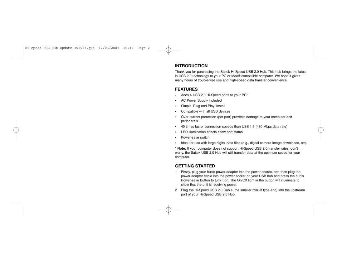 Saitek Hi-Speed USB 2.0 Hub user manual Introduction, Features, Getting Started 