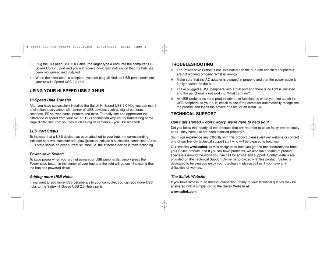 Saitek Hi-Speed USB 2.0 Hub user manual Using Your HI-SPEED USB 2.0 HUB, Troubleshooting, Technical Support 