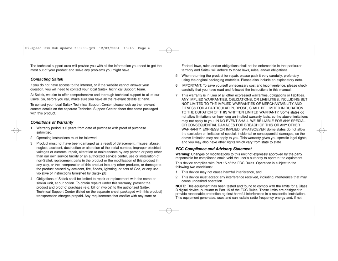 Saitek Hi-Speed USB 2.0 Hub user manual Contacting Saitek, Conditions of Warranty, FCC Compliance and Advisory Statement 