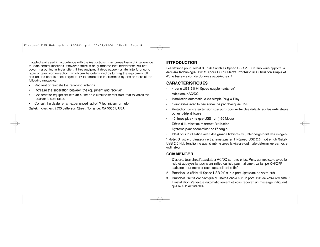 Saitek Hi-Speed USB 2.0 Hub user manual Caracteristiques, Commencer 
