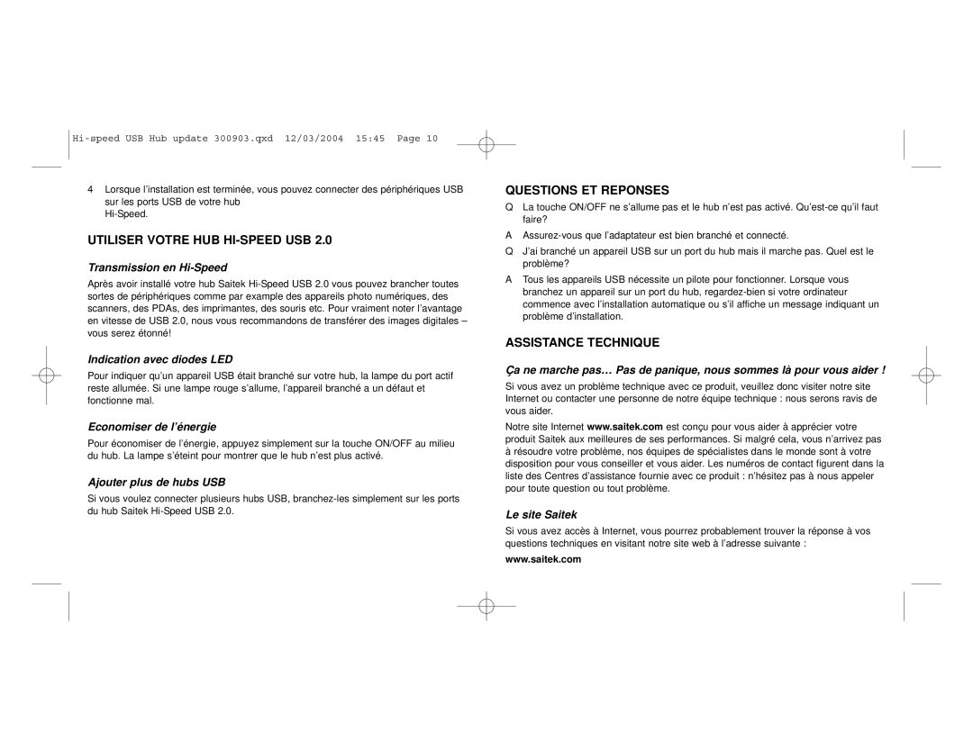 Saitek Hi-Speed USB 2.0 Hub user manual Utiliser Votre HUB HI-SPEED USB, Questions ET Reponses, Assistance Technique 