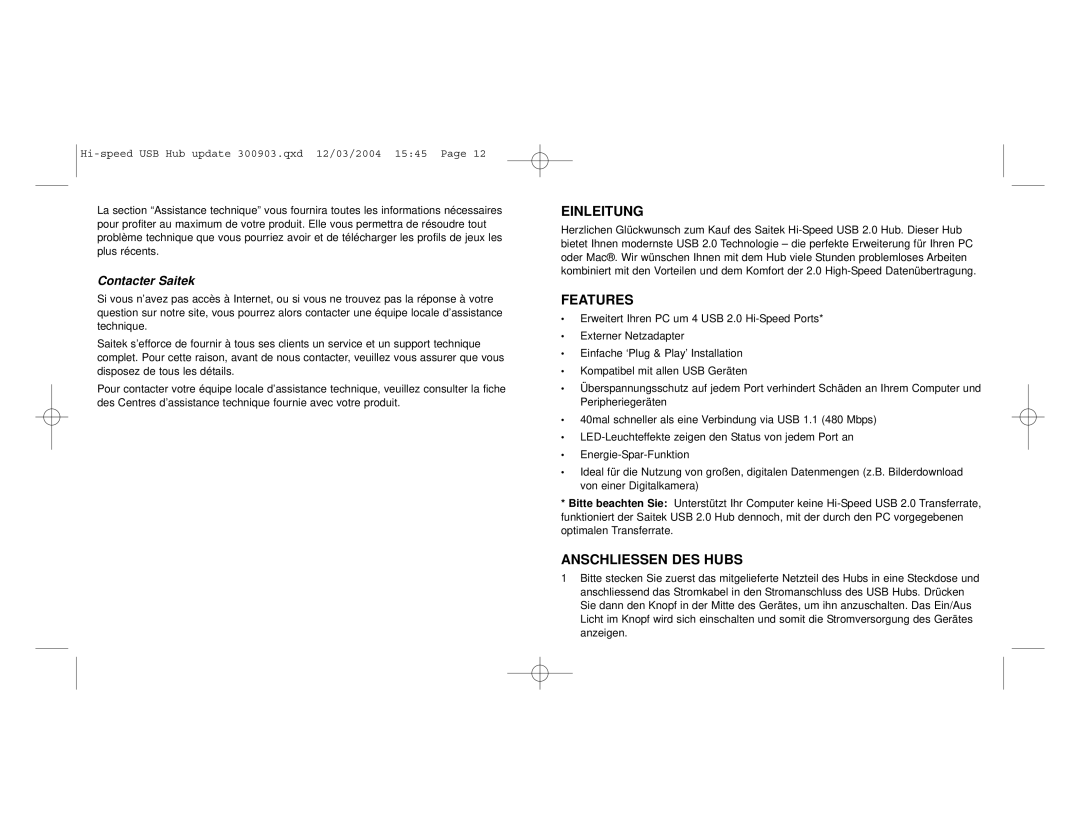 Saitek Hi-Speed USB 2.0 Hub user manual Einleitung, Anschliessen DES Hubs, Contacter Saitek 