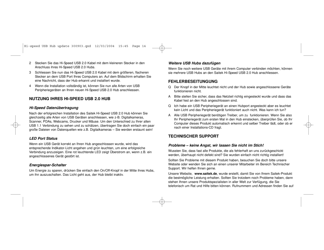 Saitek Hi-Speed USB 2.0 Hub user manual Nutzung Ihres HI-SPEED USB 2.0 HUB, Fehlerbeseitungung, Technischer Support 