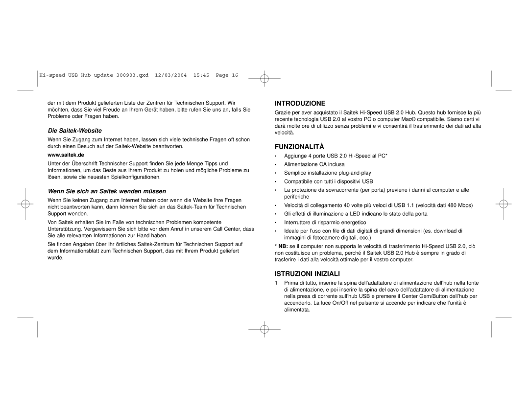 Saitek Hi-Speed USB 2.0 Hub user manual Introduzione, Funzionalità, Istruzioni Iniziali, Die Saitek-Website 