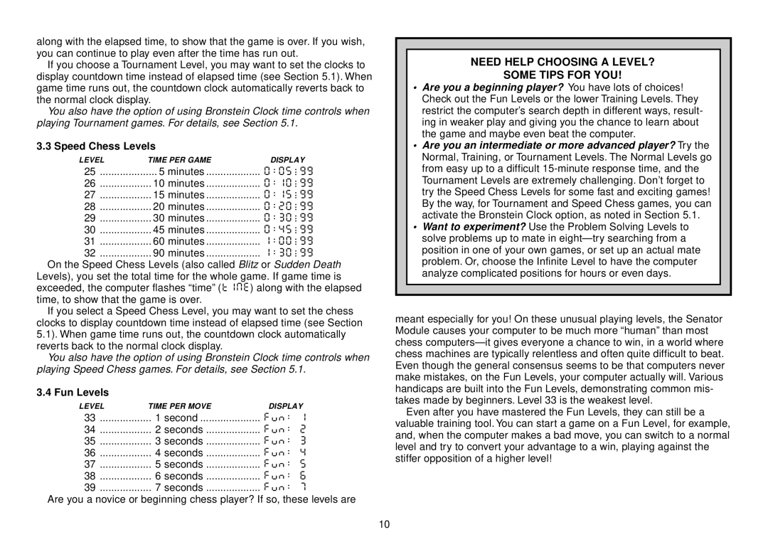 Saitek III manual Speed Chess Levels, Fun Levels 