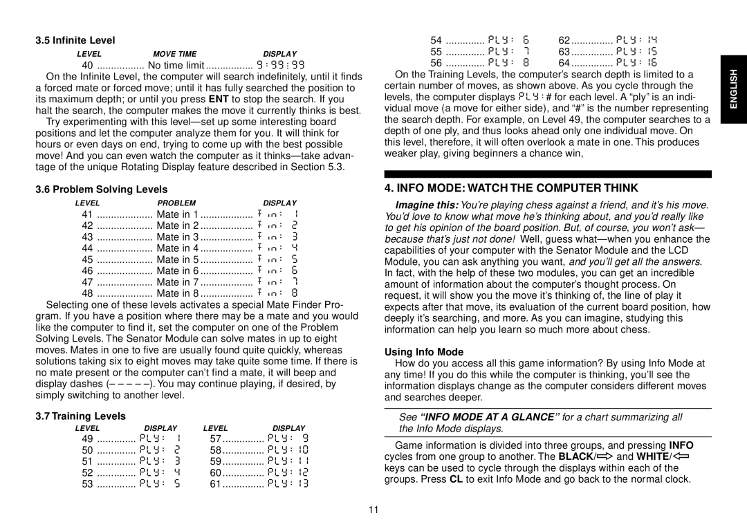 Saitek III manual Info Mode Watch the Computer Think, No time limit 