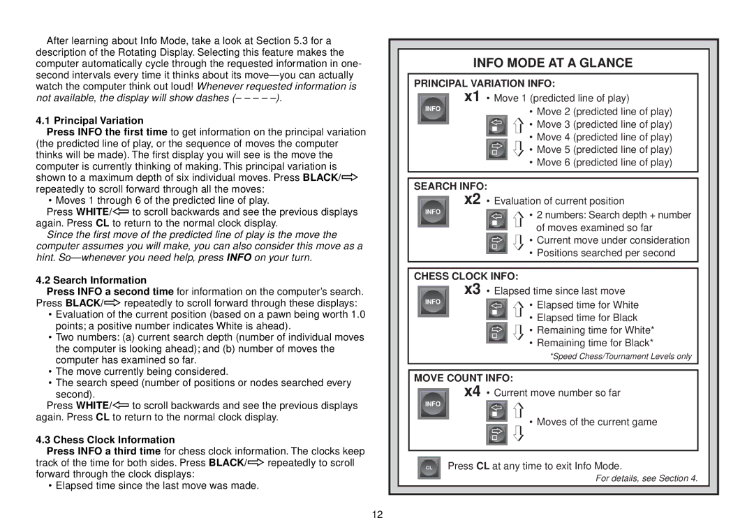 Saitek III manual Info Mode AT a Glance, Principal Variation, Search Information, Chess Clock Information 