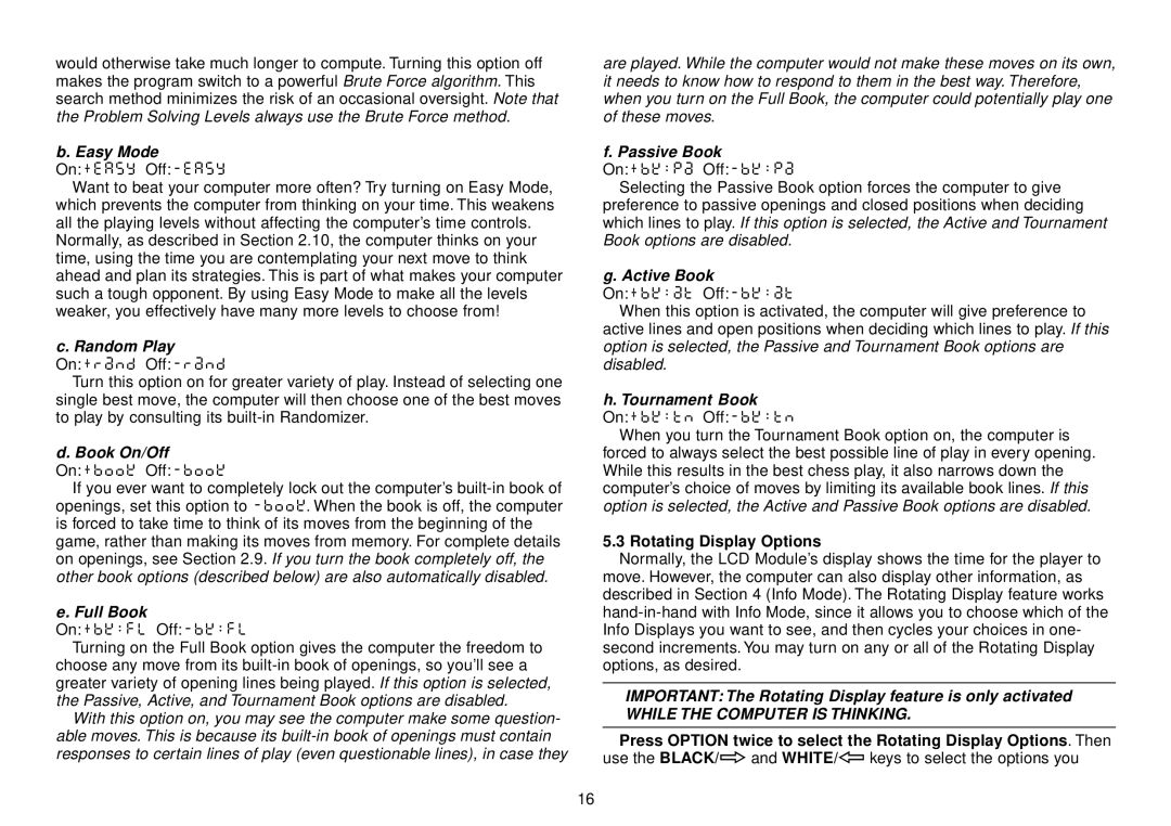 Saitek III manual Easy Mode, Random Play, Book On/Off, Full Book, Passive Book, Active Book, Tournament Book 