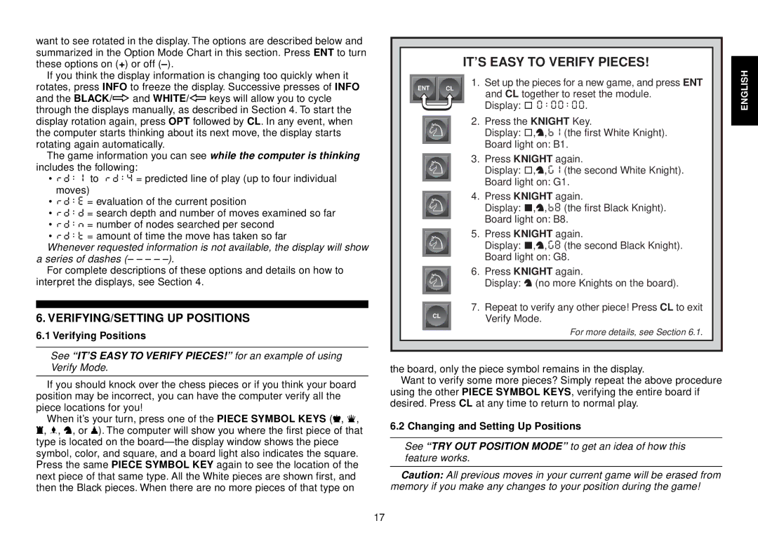 Saitek III manual IT’S Easy to Verify Pieces, VERIFYING/SETTING UP Positions, Verifying Positions 