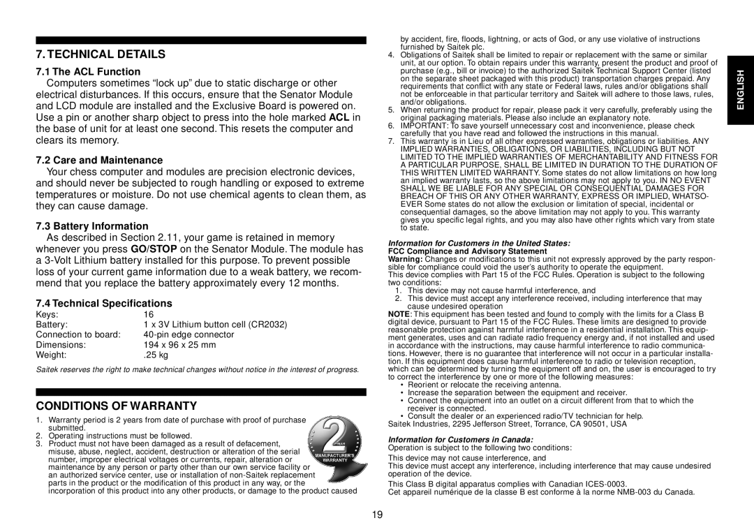 Saitek III manual Technical Details, Conditions of Warranty 