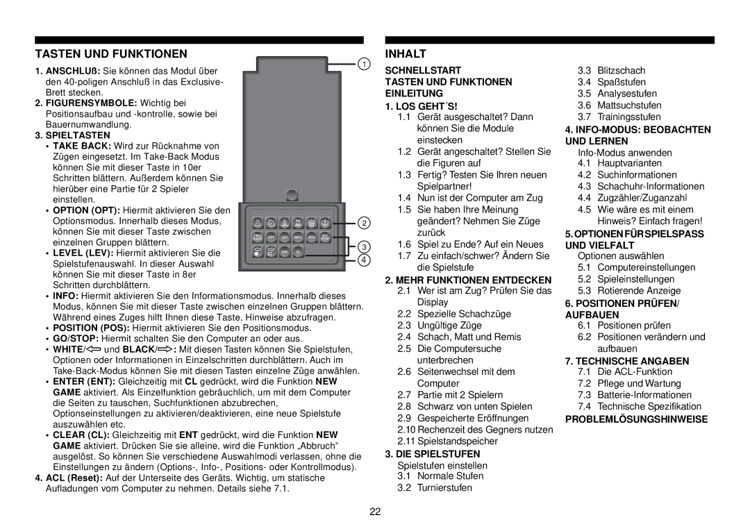 Saitek III manual Tasten UND Funktionen, Inhalt 